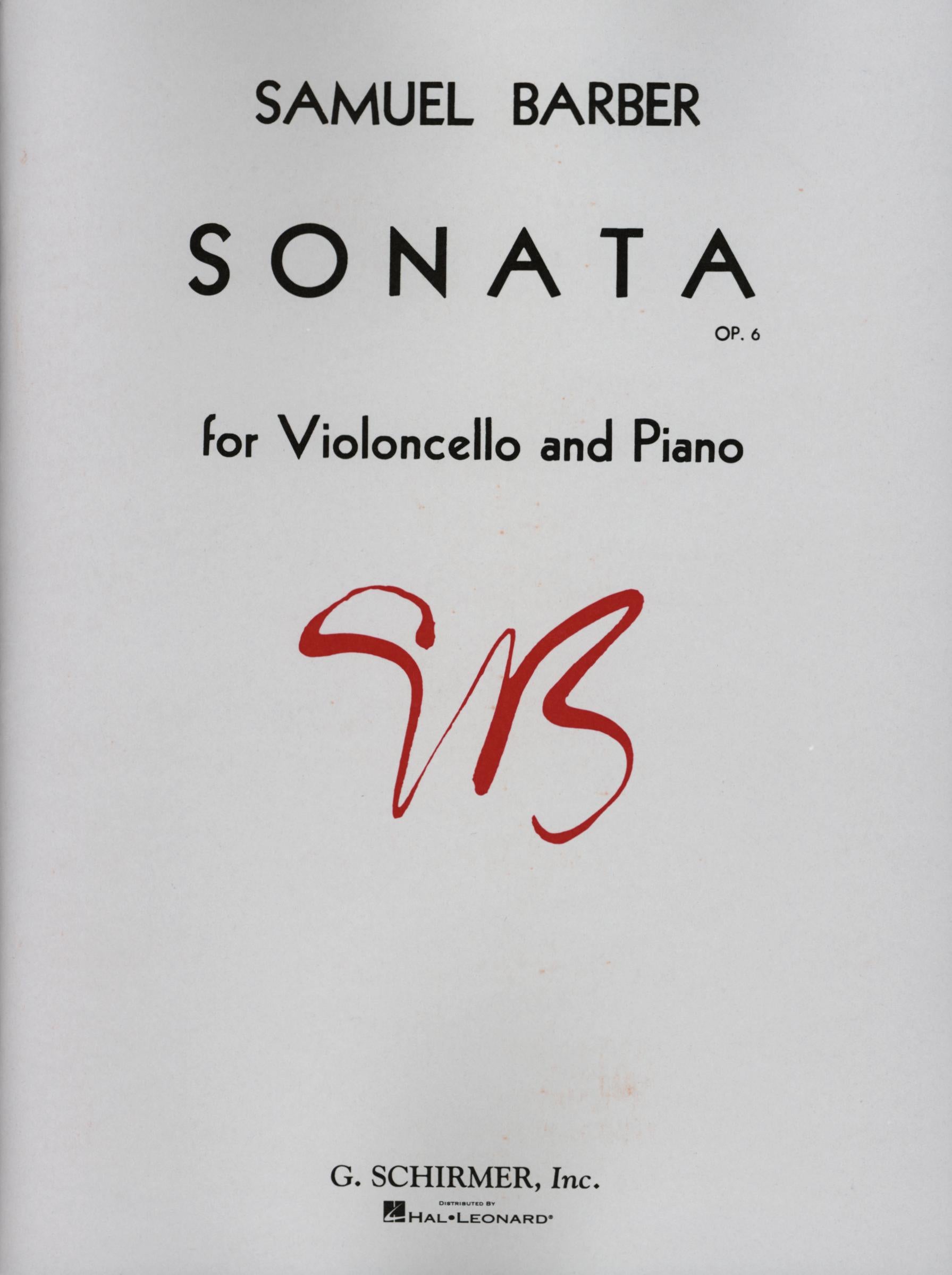 【Violoncello, Piano】 Barber,S. バーバー Sonata op. 6 チェロ・ソナタ op. 6 出版社: G.Schirmer（Ｇ・シャーマー）