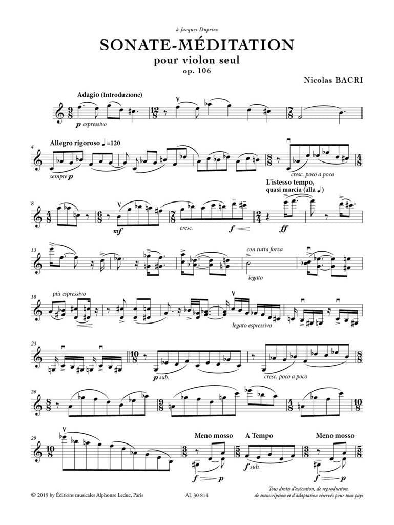 Bacri: Sonata-Méditation, Op. 106a