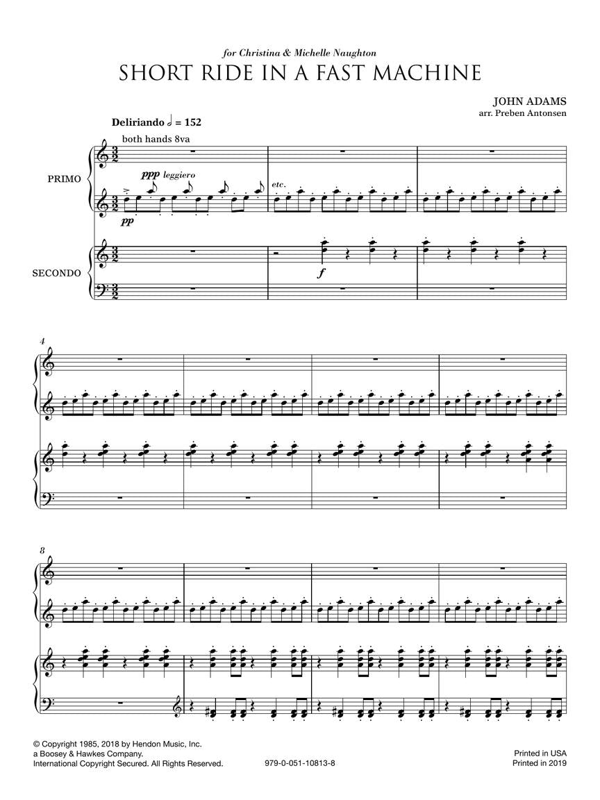 Adams: Short Ride in a Fast Machine (arr. for piano 4-hands)