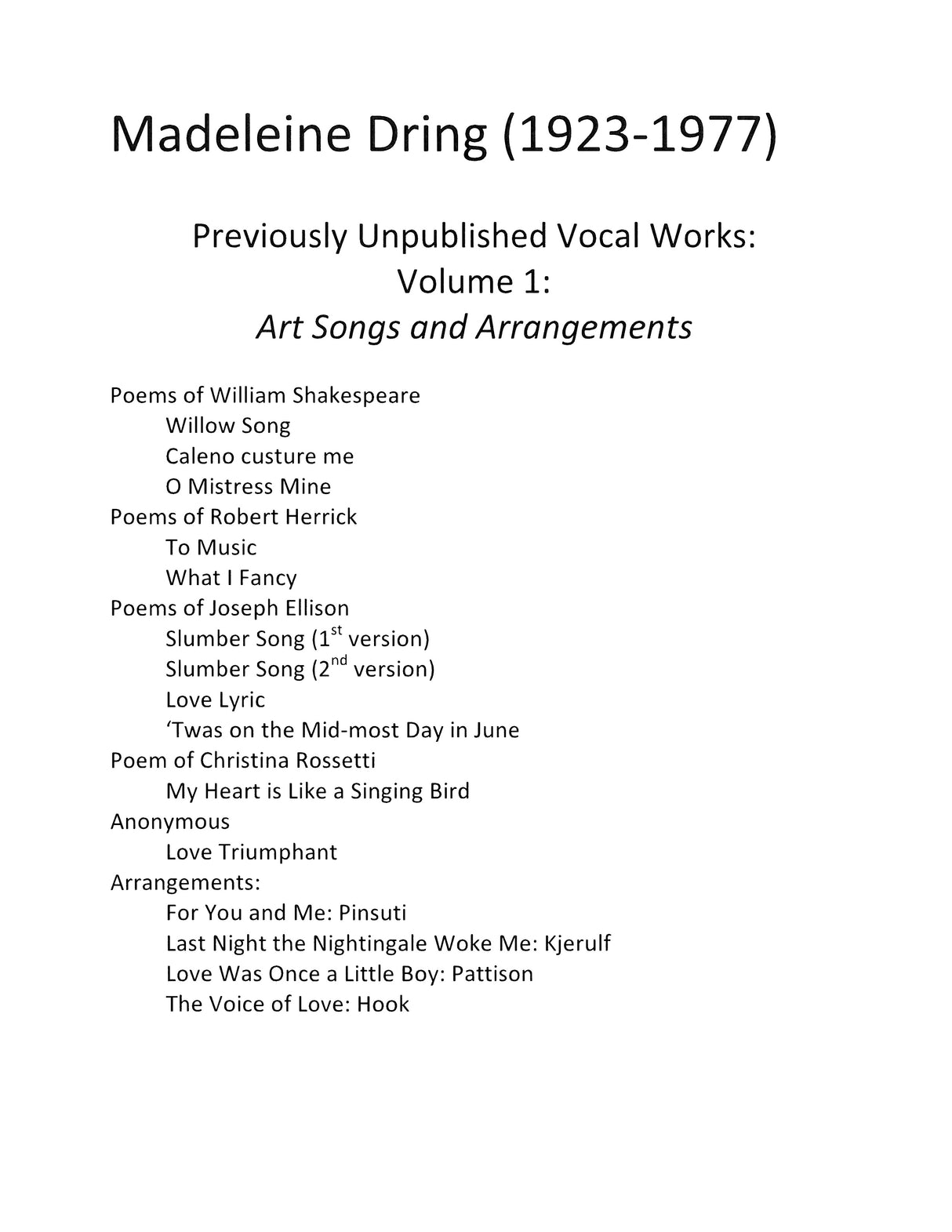 Dring: Previously Unpublished Vocal Works - Volume 1 (Art Songs and Arrangements)