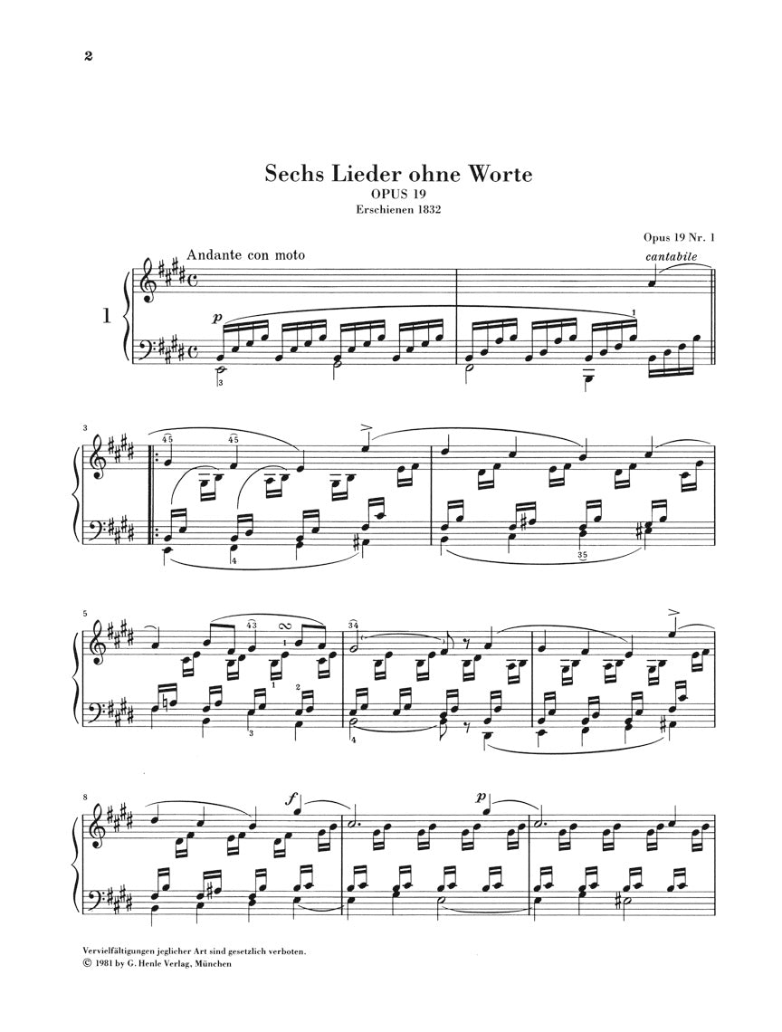 Mendelssohn F., Sechs Lieder ohne Worte, Andante con moto Sheet music for  Piano (Solo)