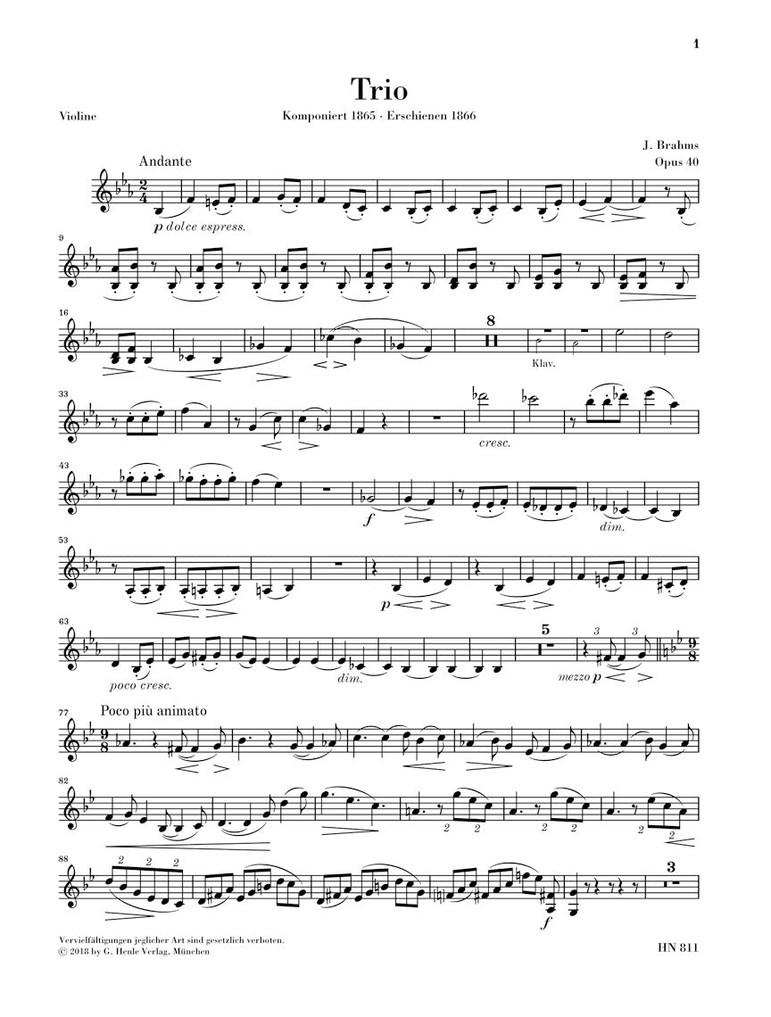 Trio Für Klavier, Violine und Horn (Viola / Violoncello) Es-dur Opus 40