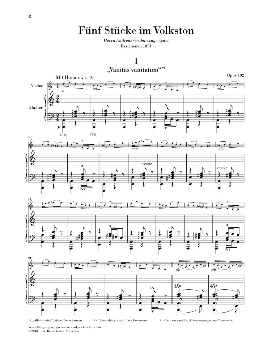 Schumann: 5 Stücke im Volkston, Op. 102 (Version for Violin)