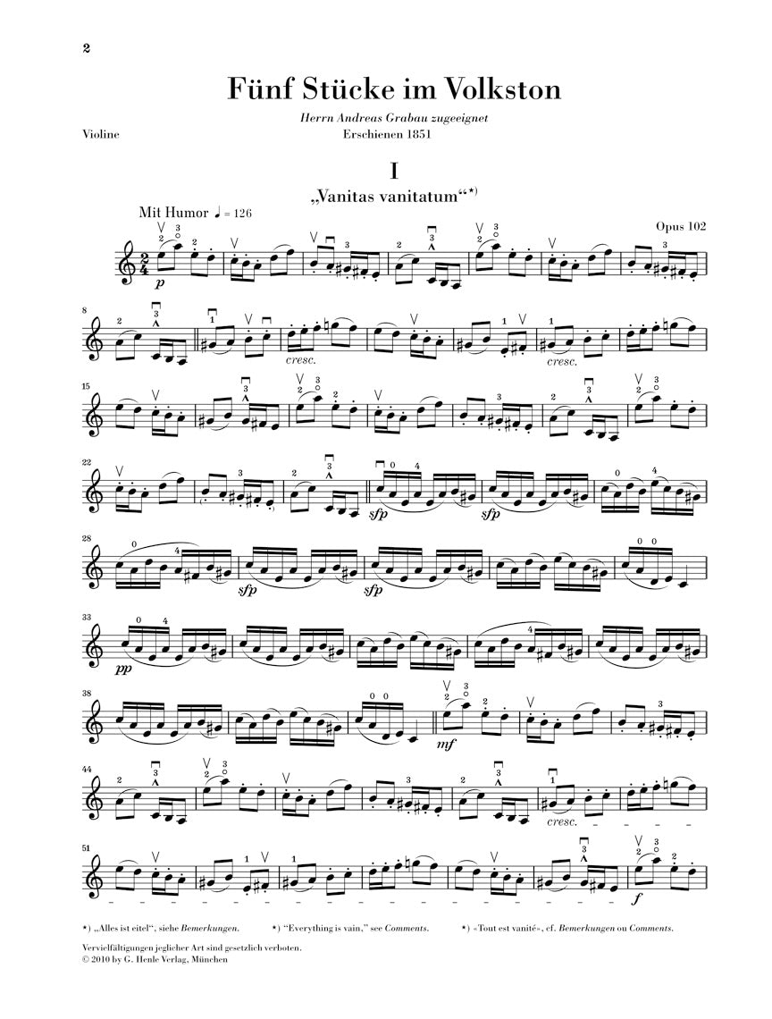 Schumann: 5 Stücke im Volkston, Op. 102 (Version for Violin)