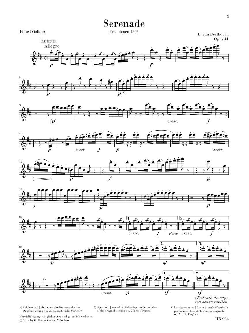 Beethoven: Serenade in D Major, Op. 41 (version for piano and flute or violin)