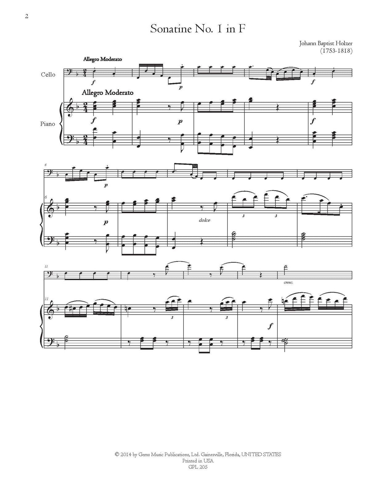 Holzer: 3 Sonatines Faciles, Op. 9 (Version for Cello and Piano)