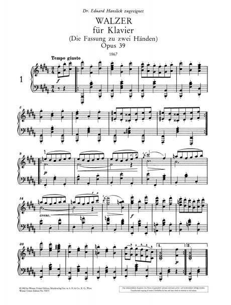 Brahms: Waltzes, Op. 39 (Version for Solo Piano)