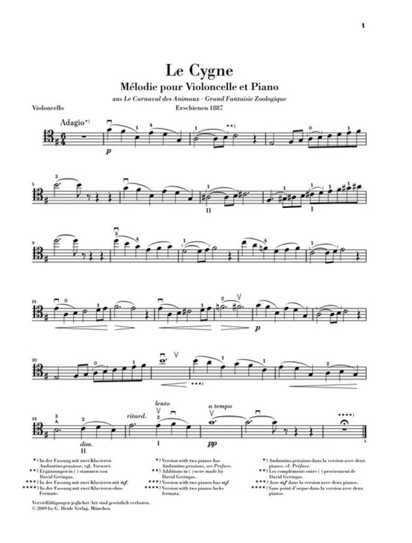 Saint-Saens Camille O Cisne do Carnaval dos Animais Para Violoncelo e  Piano. da International