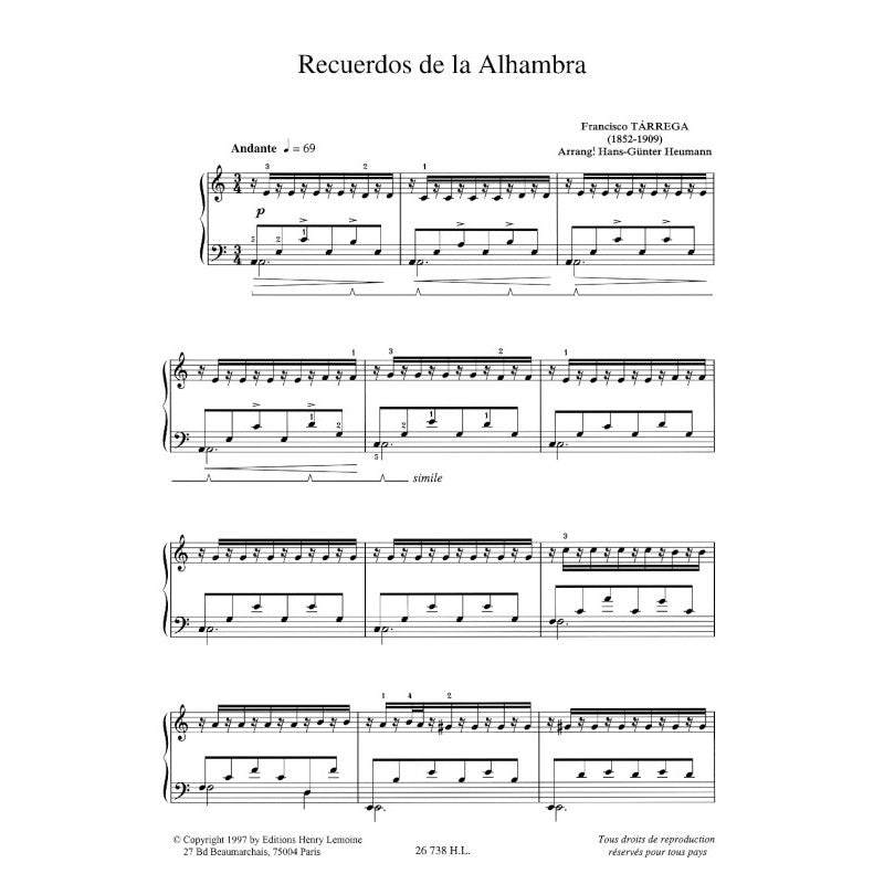 Tárrega: Recuerdos de la Alhambra (arr. for piano)
