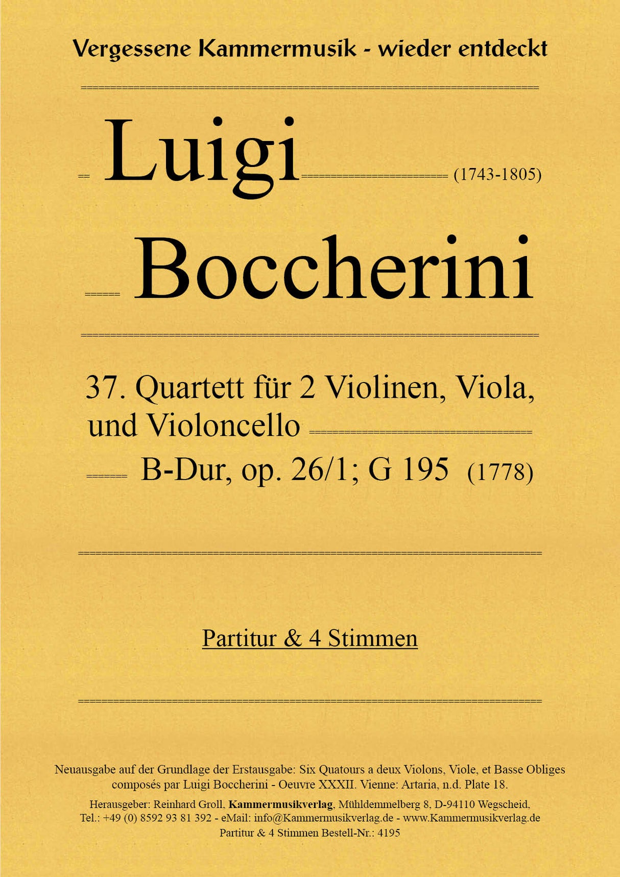 Boccherini: String Quartet in B-flat Major, G 195, Op. 26, No. 1