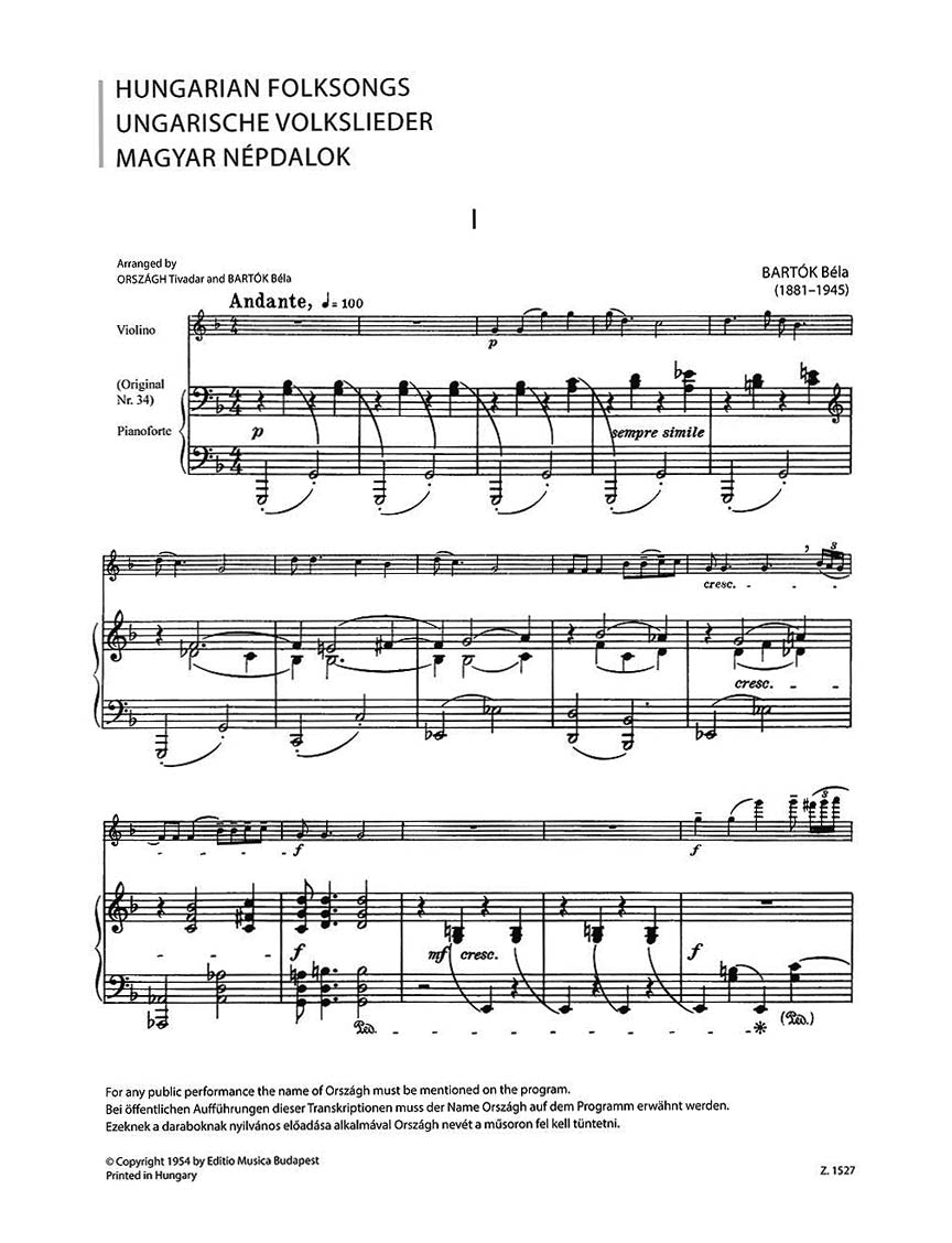 Bartók: Hungarian Folksongs (trans. Országh)