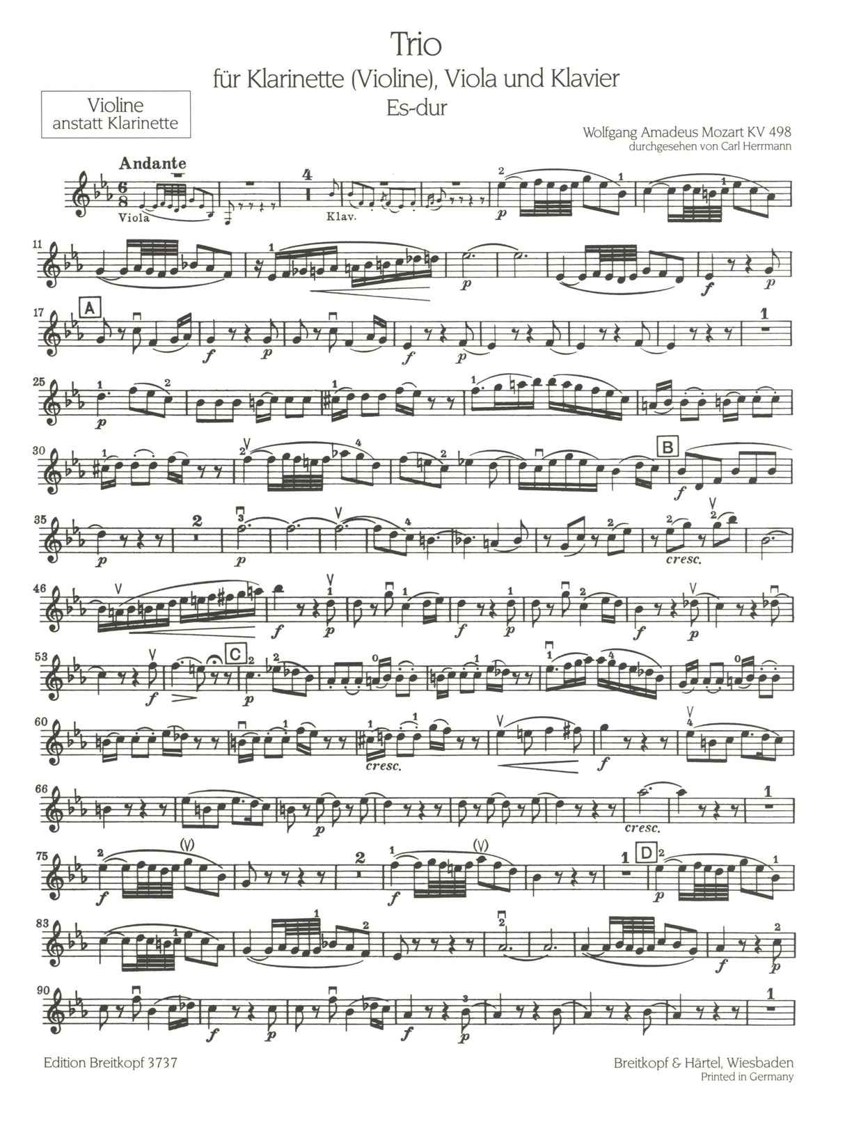 Mozart: Trio for Piano, Clarinet or Violin, Viola in E-flat Major ("Kegelstatt Trio"), K. 498