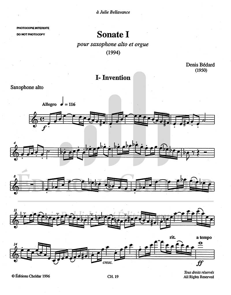 Bédard: Sonata No. 1 for Alto Saxophone and Organ