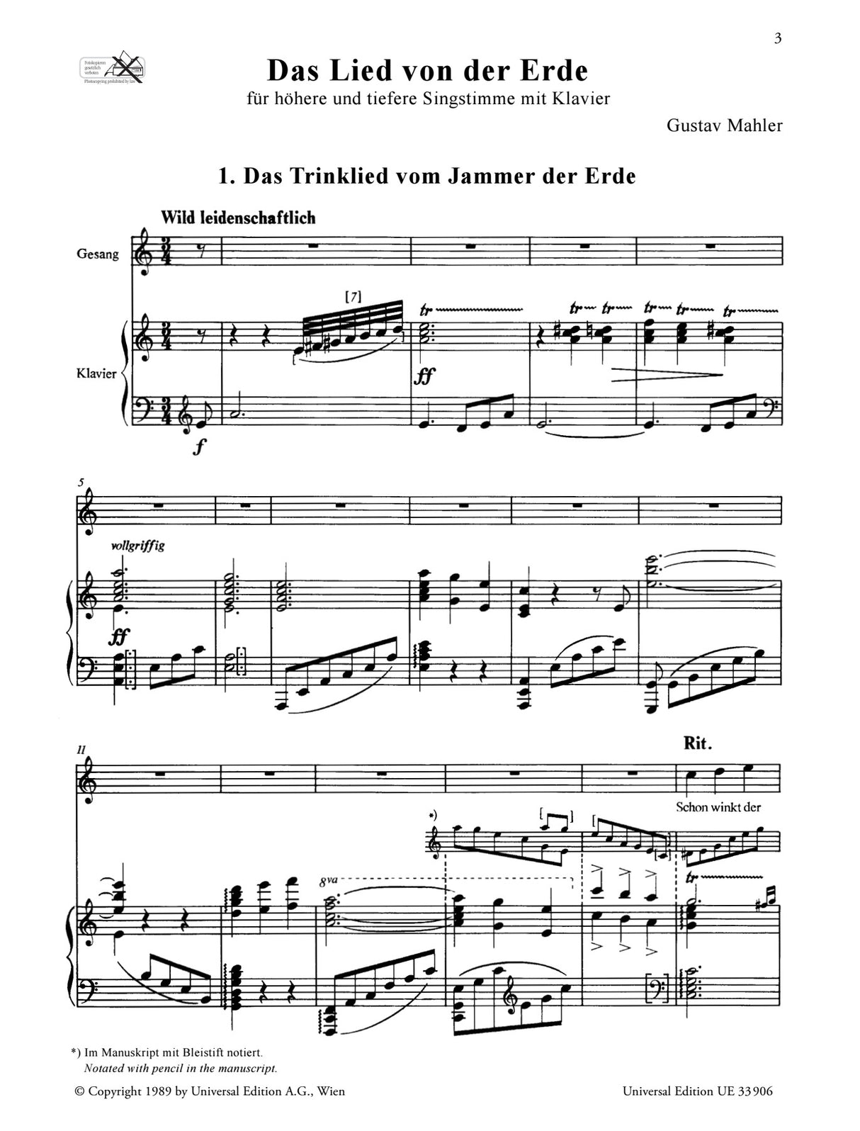 Mahler: Das Lied von der Erde (Version for Voices and Piano)