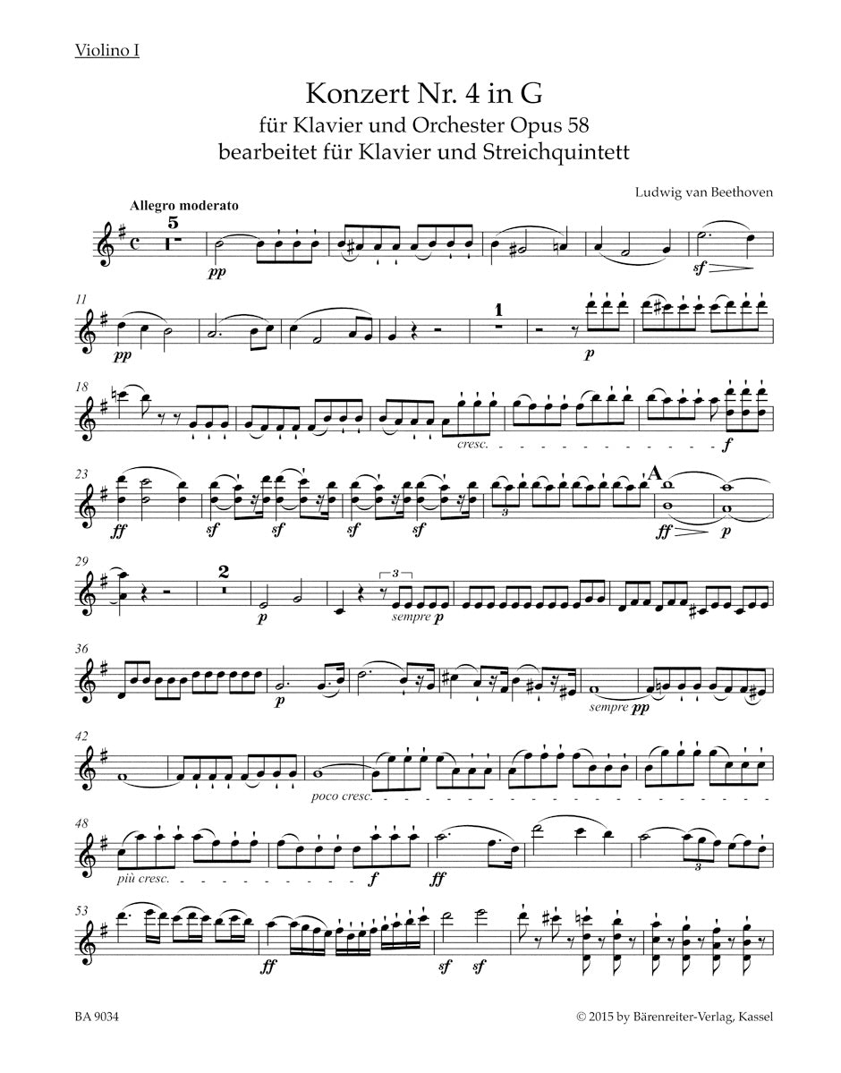Beethoven: Piano Concerto No. 4, Op. 58 (Arranged for Piano and String Quintet)